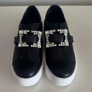 Vaneli Black Leather Sneakers with Crystal Buckle